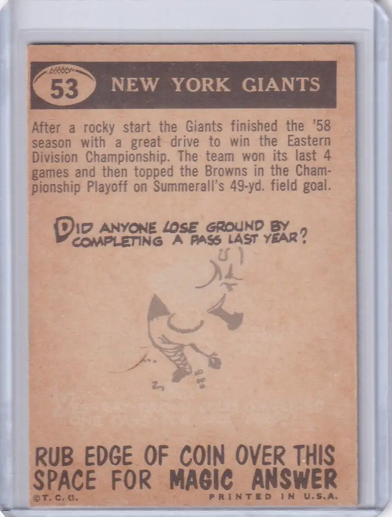 Vintage Topps Football card of New York Giants with trivia and scratch-off area