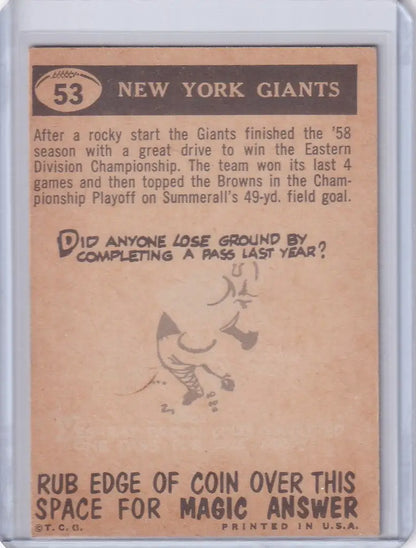 Vintage Topps Football card of New York Giants with trivia and scratch-off area