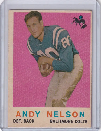 Vintage 1959 Topps Football card of Andy Nelson, Baltimore Colts defensive back in teal