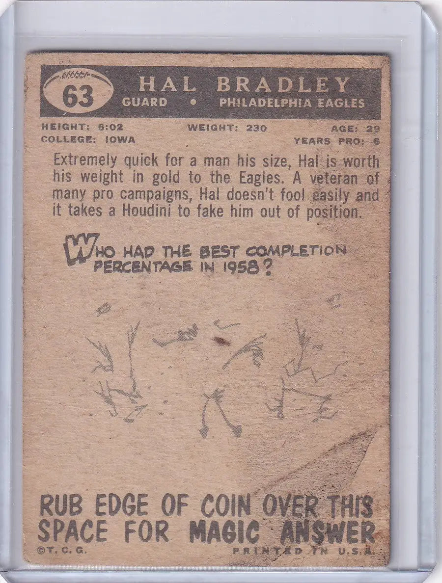 1959 Topps Football # 63 Hal Bradley RC - Philadelphia Eagles