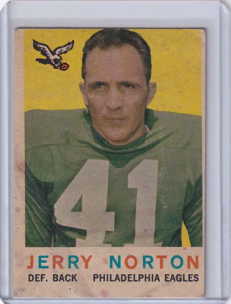 Vintage 1959 Topps Football card of Jerry Norton in green Philadelphia Eagles jersey 41