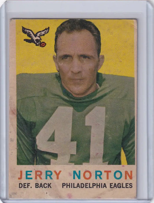 Vintage 1959 Topps Football card of Jerry Norton in green Philadelphia Eagles jersey 41