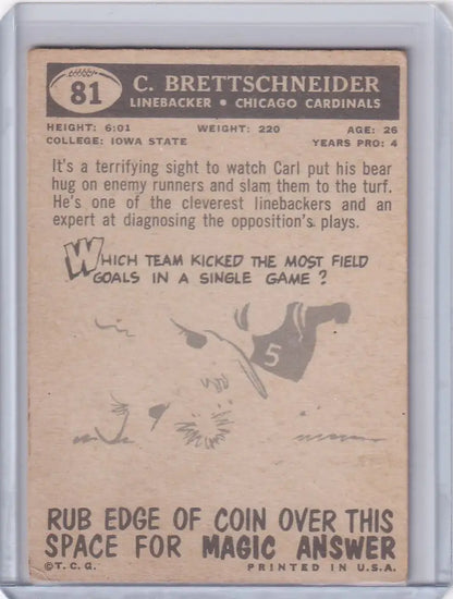 Vintage 1959 Topps Football card featuring Carl Brettschneider of the Chicago Cardinals