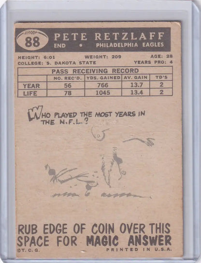Vintage 1959 Topps Football card featuring Pete Retzlaff of the Philadelphia Eagles