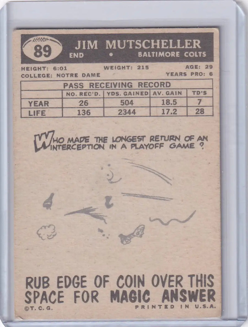 1959 Topps Football # 89 Jim Mutscheller - Baltimore Colts