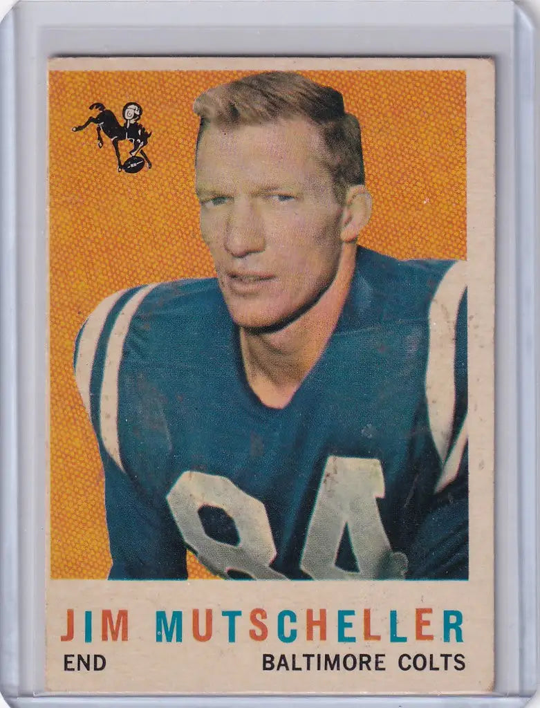 Vintage Topps Football card of Jim Mutscheller from the Baltimore Colts in blue jersey