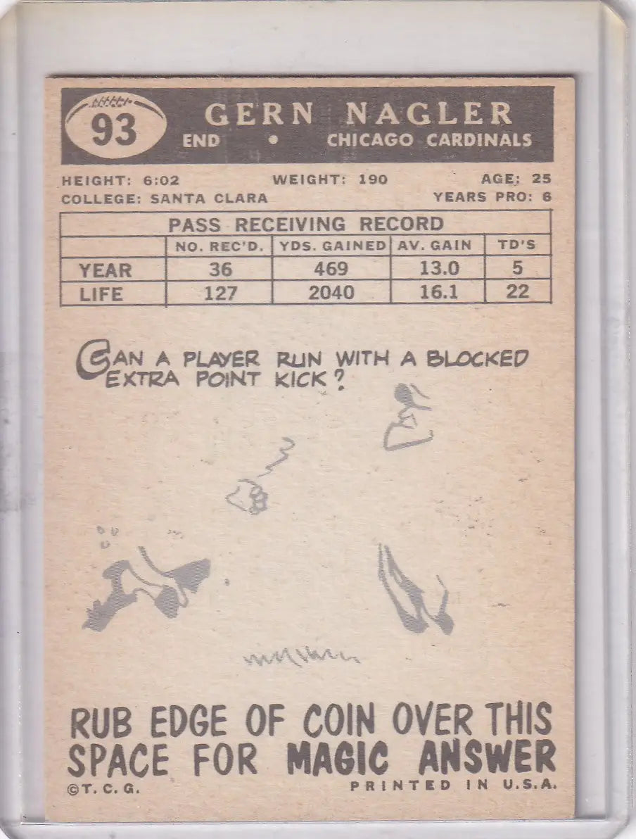 1959 Topps Football # 93 Gern Nagler - Chicago Cardinals