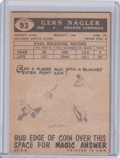 Vintage 1959 Topps Football card featuring Gern Nagler of the Chicago Cardinals