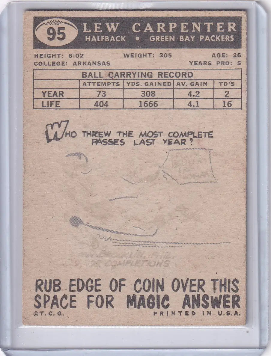 Vintage 1959 Topps Football card of Lew Carpenter with Green Bay Packers magic answer section