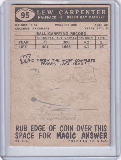 Vintage 1959 Topps Football card of Lew Carpenter with Green Bay Packers magic answer section
