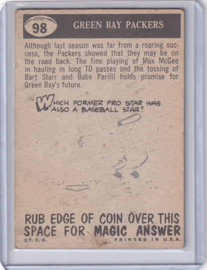 Vintage Green Bay Packers trading card from 1959 Topps Football featuring Packers pennant