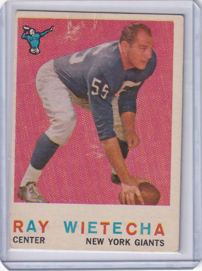 Vintage 1959 Topps Football card of Ray Wietecha in three-point stance for New York Giants