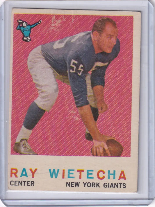 Vintage 1959 Topps Football card of Ray Wietecha in three-point stance for New York Giants
