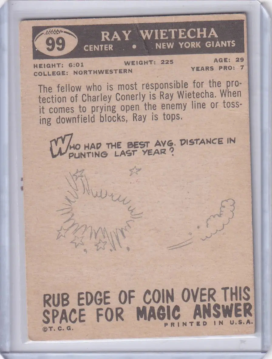 Vintage 1959 Topps Football card #99 of Ray Wietecha, New York Giants player