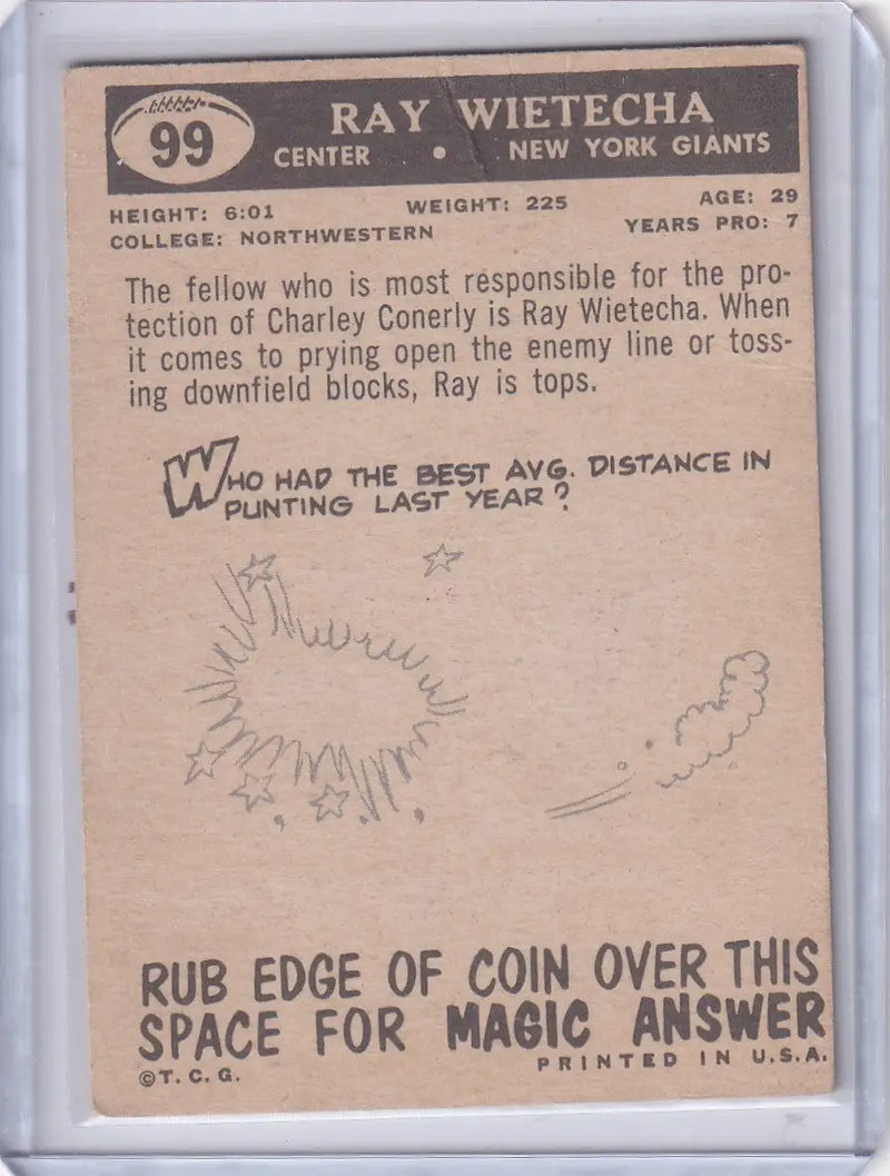 Vintage 1959 Topps Football card #99 of Ray Wietecha, New York Giants player