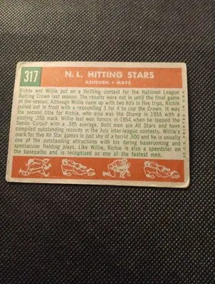1959 Topps - NL Hitting Kings. Willie Mays Richie Ashburn #317. VG+ corner wear - Baseball Card Single