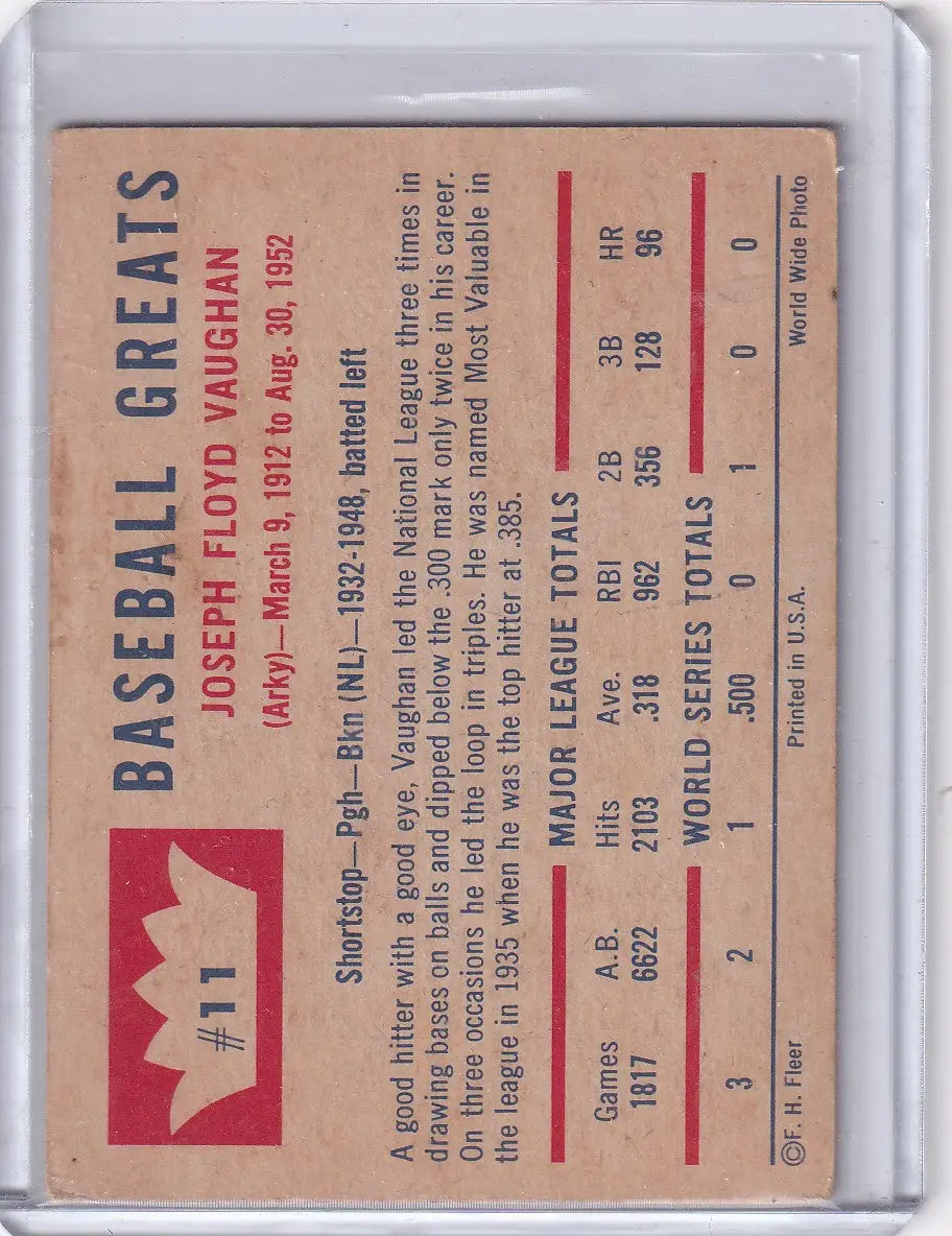 Vintage Fleer Baseball card of Arky Vaughan Joseph Floyd Vaughan 1960 Fleer #11