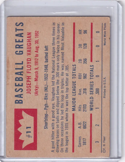 Vintage Fleer Baseball card of Arky Vaughan Joseph Floyd Vaughan 1960 Fleer #11