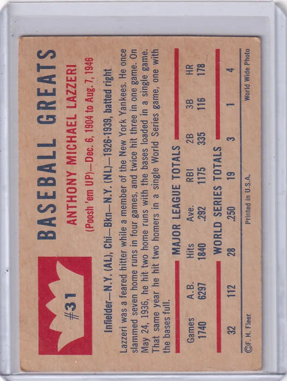 Vintage Fleer Baseball card of Tony Lazzeri from the 1960 Fleer Baseball series