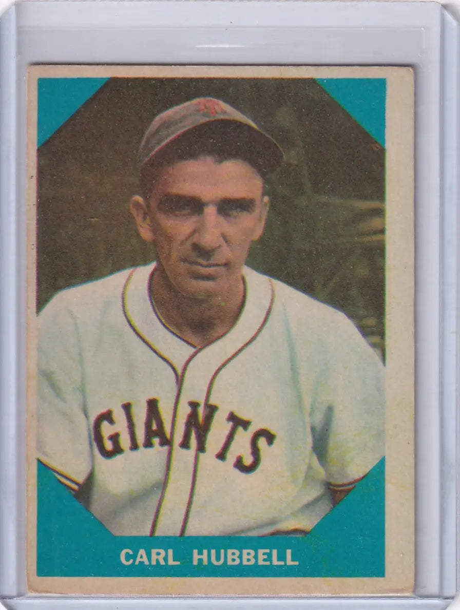 Vintage Fleer Baseball card of Carl Hubbell in protective sleeve from 1960 Fleer Baseball #4