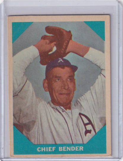 Vintage Fleer Baseball card of Chief Bender in blue cap and white uniform