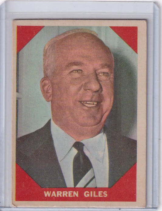 Vintage Fleer Baseball card featuring Warren Giles portrait from 1960 Fleer Baseball #73