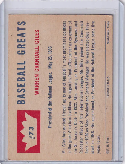 Vintage Fleer Baseball trading card featuring Warren Giles from 1960 Fleer Baseball #73