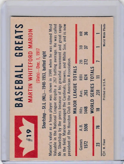 Vintage Fleer Baseball Greats card of Marty Marion from the Chicago White Sox