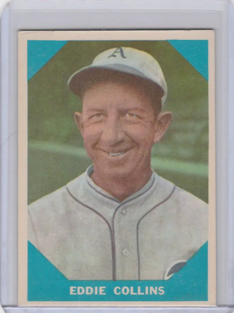 Baseball card of Eddie Collins Philadelphia Athletics in white uniform from Fleer Baseball Greats