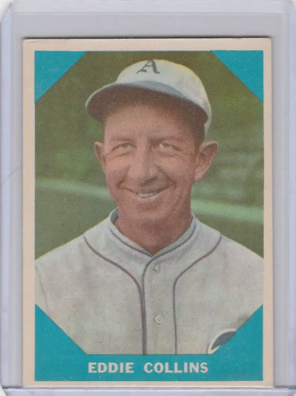 Baseball card of Eddie Collins Philadelphia Athletics in white uniform from Fleer Baseball Greats