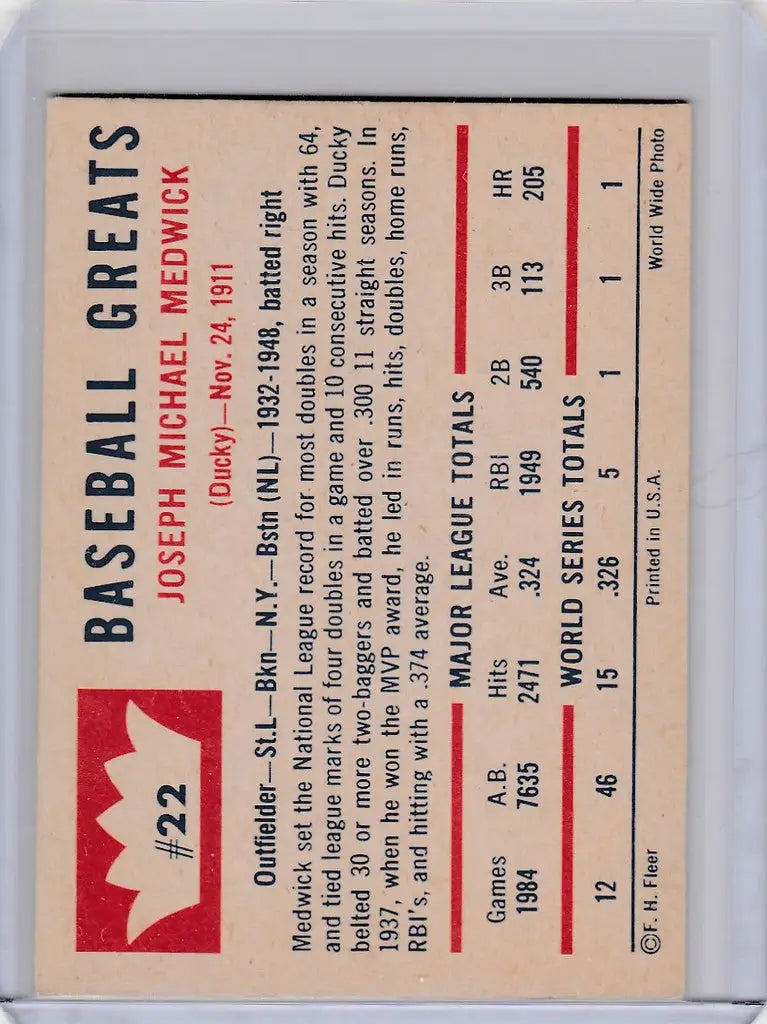 Vintage 1960 Fleer Baseball Greats card of Joe Medwick Brooklyn Dodgers with player stats