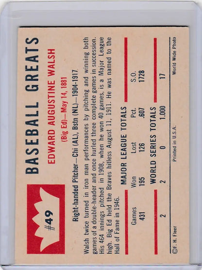 Vintage 1960 Fleer Baseball Greats card of Ed Walsh Chicago White Sox with player stats