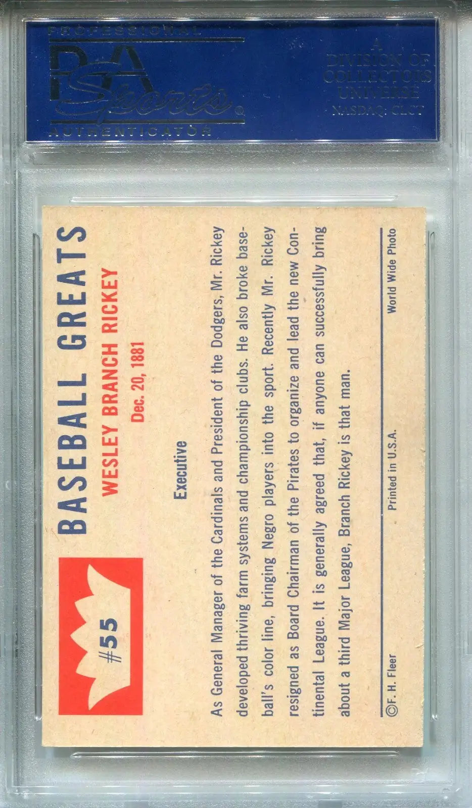 1960 Fleer Baseball Greats #55 Branch Rickey PSA 7 NM Dodges Cardinals HOF - Baseball Card Single
