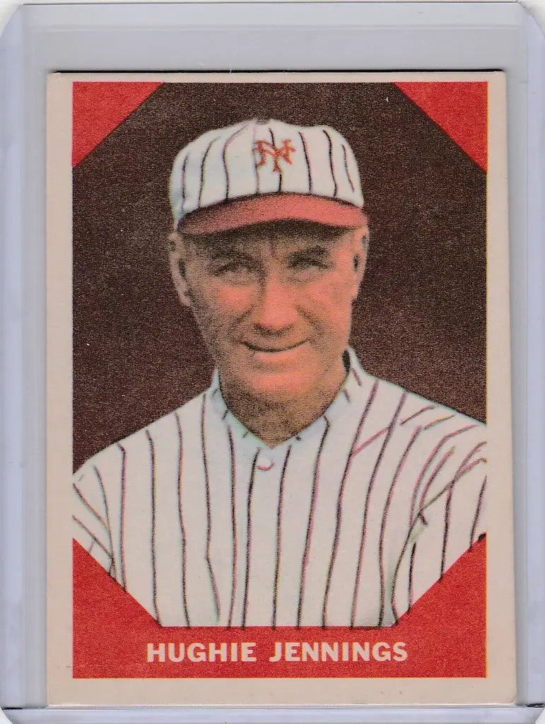 Baseball card of Hughie Jennings in white pinstriped uniform, Fleer Baseball Greats