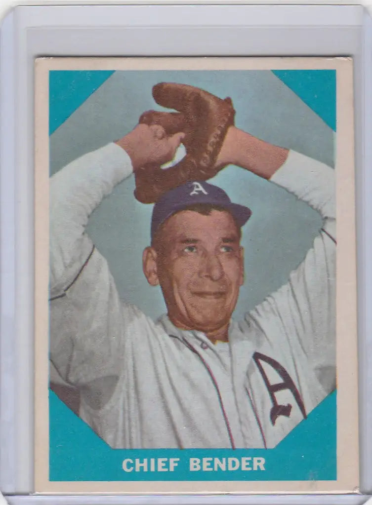 Baseball card of Chief Bender Philadelphia Athletics in wind-up pose from Fleer Baseball Greats