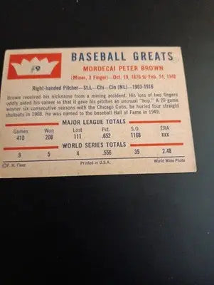 1960 Fleer Baseball Greats - Mordecai Brown #9. EX - Baseball Card Single