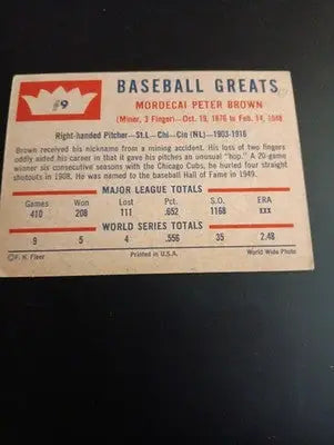 1960 Fleer Baseball Greats - Mordecai Brown #9. EX - Baseball Card Single