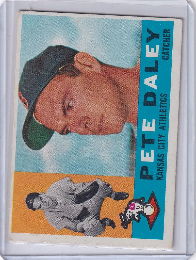 Pete Daley baseball card for Kansas City Athletics on light blue background