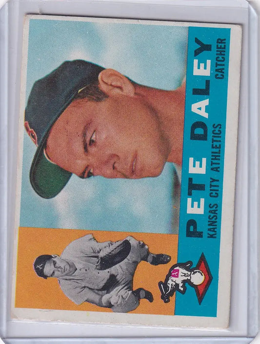 Pete Daley baseball card for Kansas City Athletics on light blue background