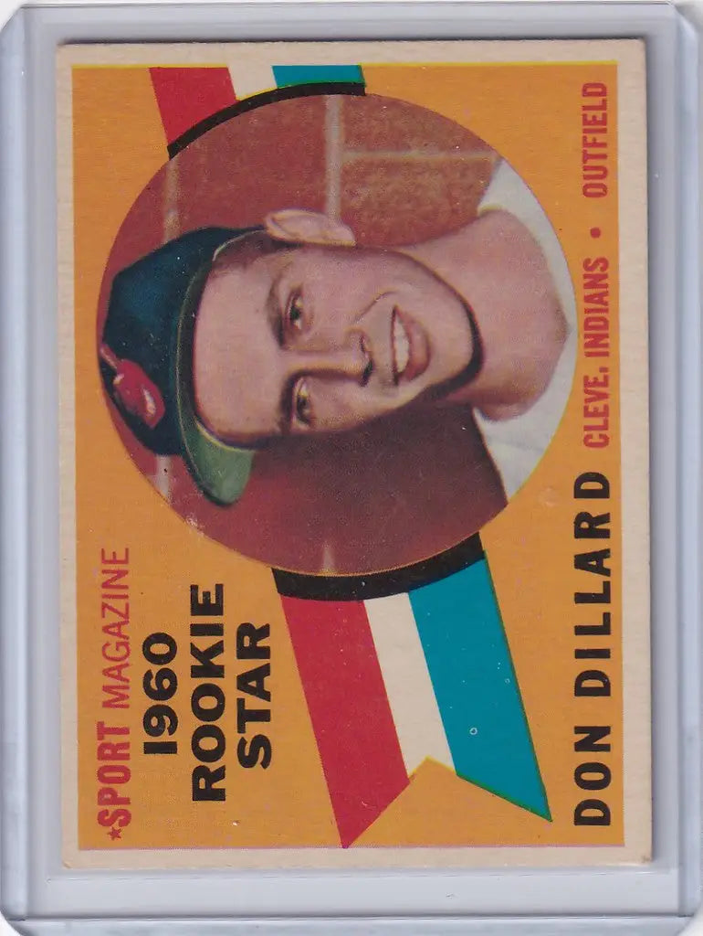 Baseball card of Don Dillard smiling in colorful cap, Cleveland Indians player