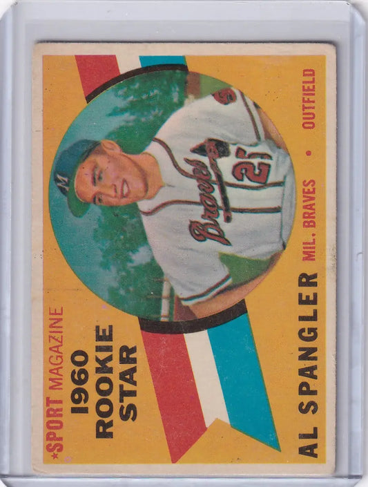 1960 Topps Al Spangler rookie baseball card featuring Milwaukee Braves player in display