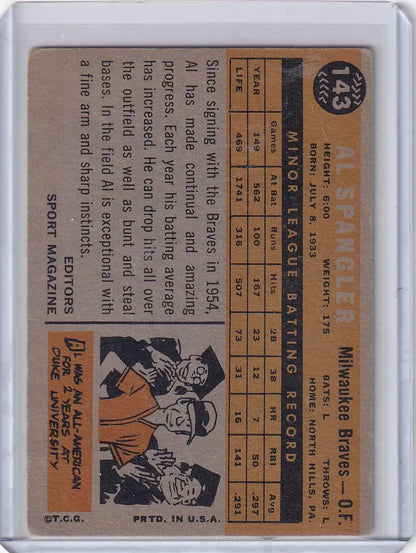 Vintage baseball card of Al Spangler Milwaukee Braves 1960 Topps #143 collectible