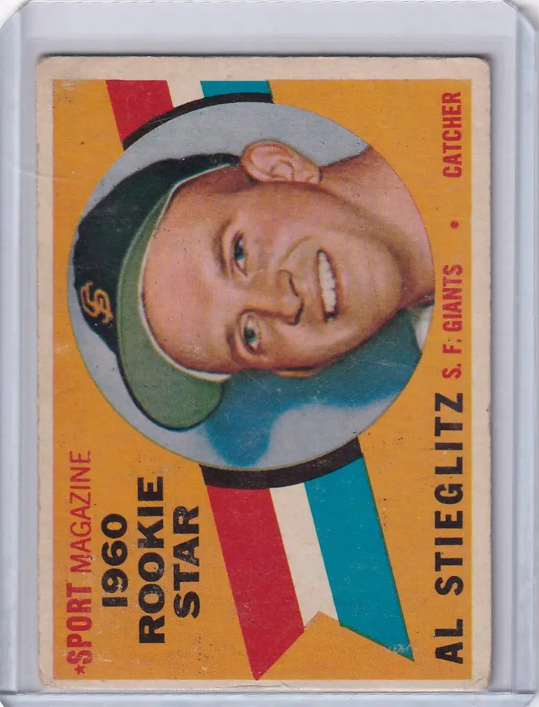Baseball card of Al Stieglitz, smiling in green cap, 1960 San Francisco Giants RC