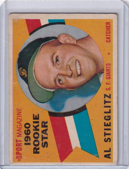 Baseball card of Al Stieglitz, smiling in green cap, 1960 San Francisco Giants RC