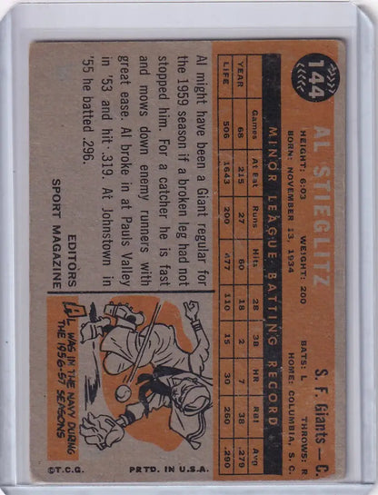 Vintage baseball card of 1960 Topps #144 Al Stieglitz, San Francisco Giants RC