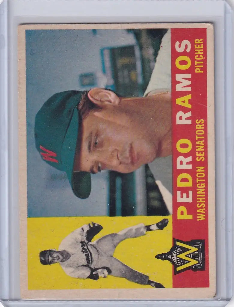 Vintage trading card of Pedro Ramos in green cap for Washington Senators