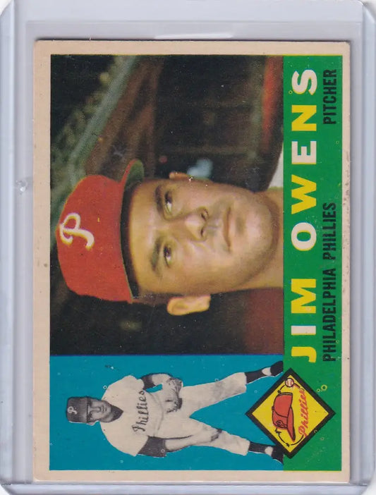 Baseball card of Jim Owens from the Philadelphia Phillies with a red cap