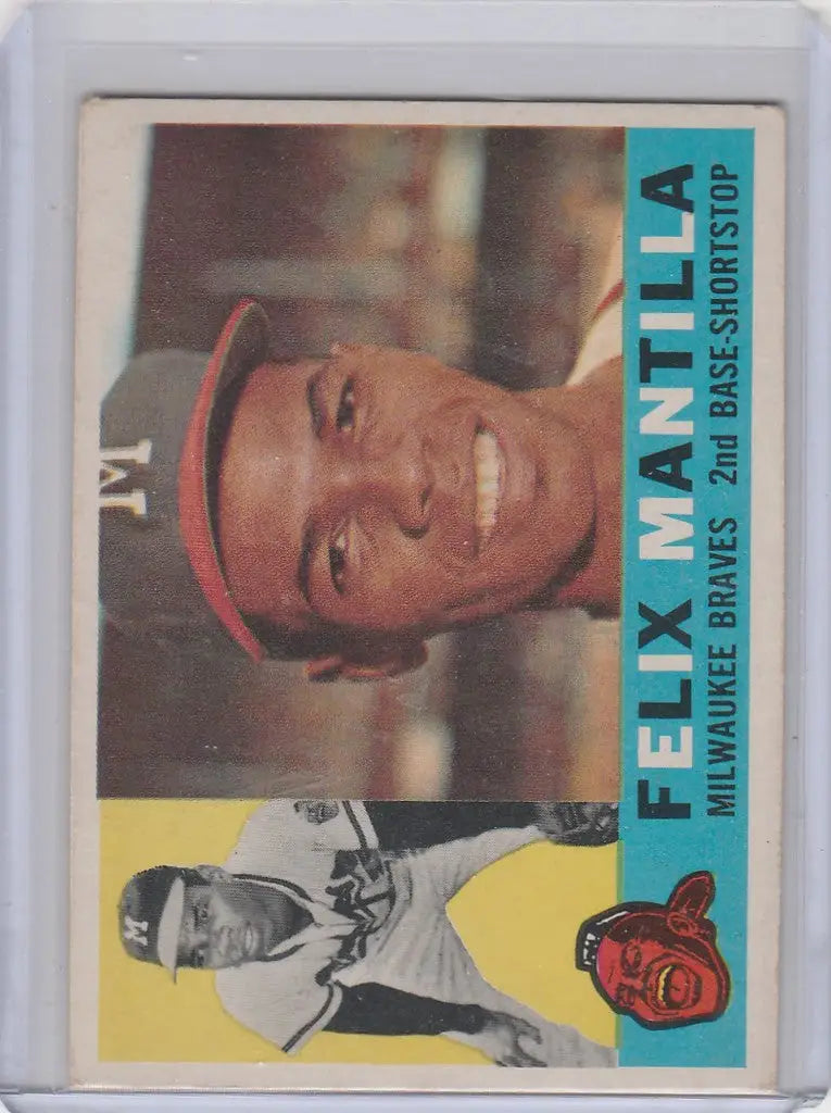 Baseball card of Felix Mantilla in a New York Yankees cap for Milwaukee Braves fans