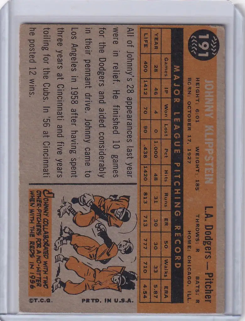 Vintage 1960 Topps Johnny Klippstein baseball card featuring Los Angeles Dodgers player stats