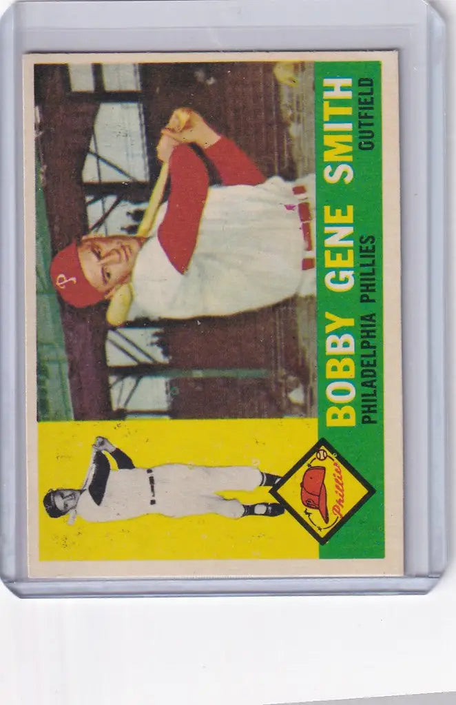 Vintage baseball card of Bobby Gene Smith in red cap and white uniform, Phillies